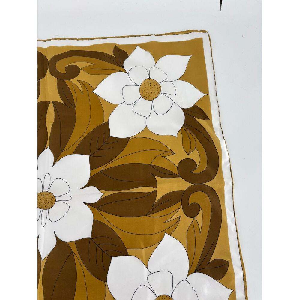 Vintage Uena Scarf Womens Brown White Floral Blossoms Square Silk Retro Sheer - Picture 3 of 9